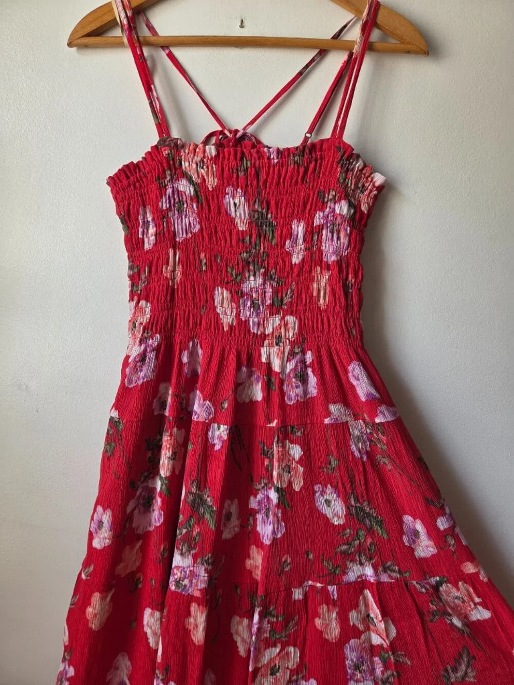NWT ABERCROMBIE & FITCH RED FLORAL SMOCKED TANK MAXI DRESS SIZE L